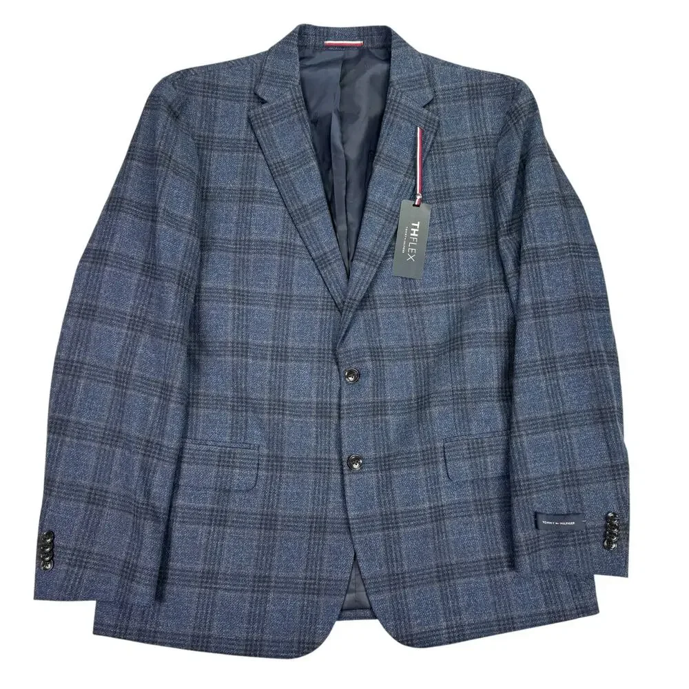 Tommy Hilfiger Mens TH Flex Modern Fit Conrad Plaid Sport Coat Navy Brown 46R